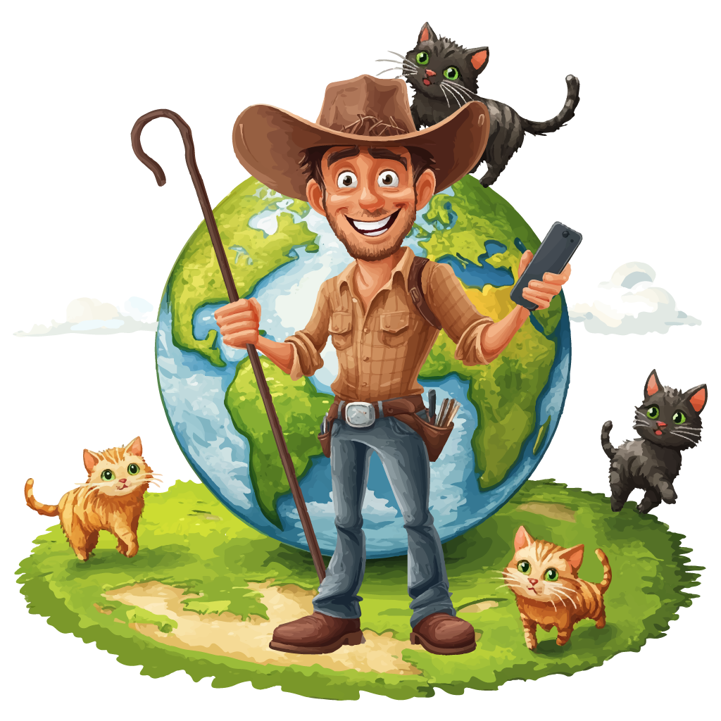 Splash screen showing a cowboy holding a sheppherd's hook and mobile phone surrounded by cats.